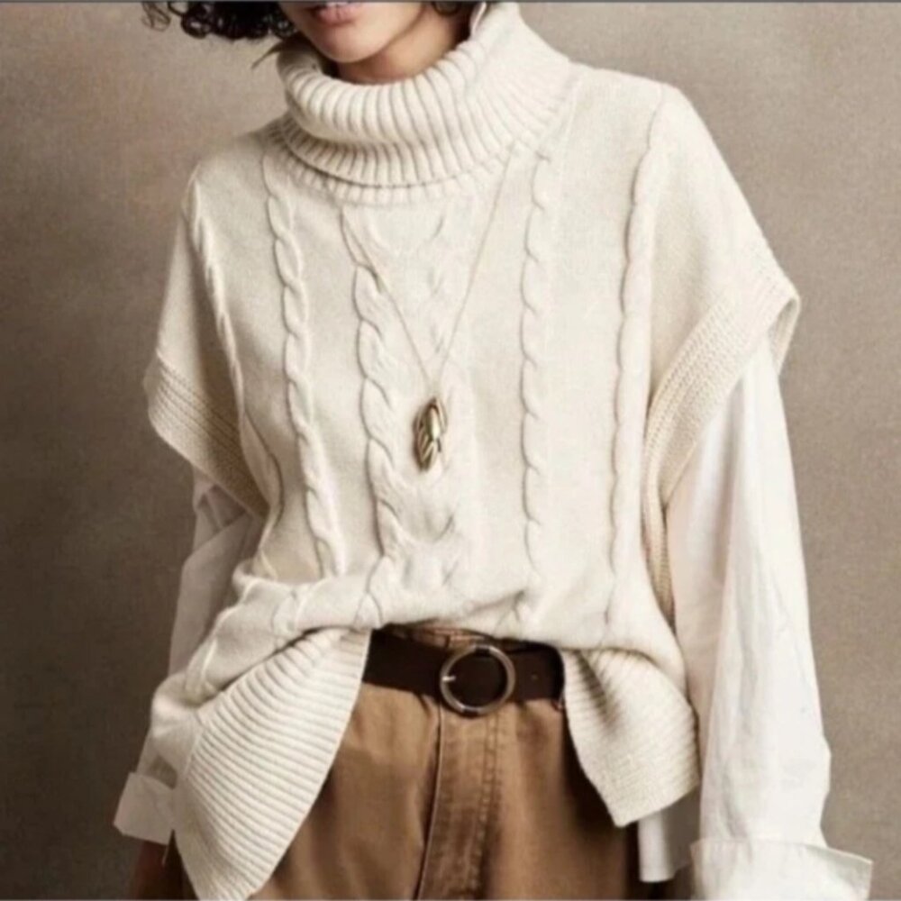 BANANA REPUBLIC Sleeveless Turtleneck Cable Knit Cap Sweater Vest Women's L/XL